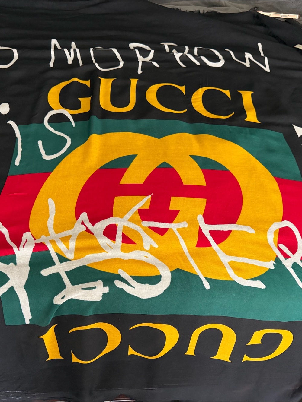 Gucci Black Scarf with Yellow Logo, Red & Green Stripes